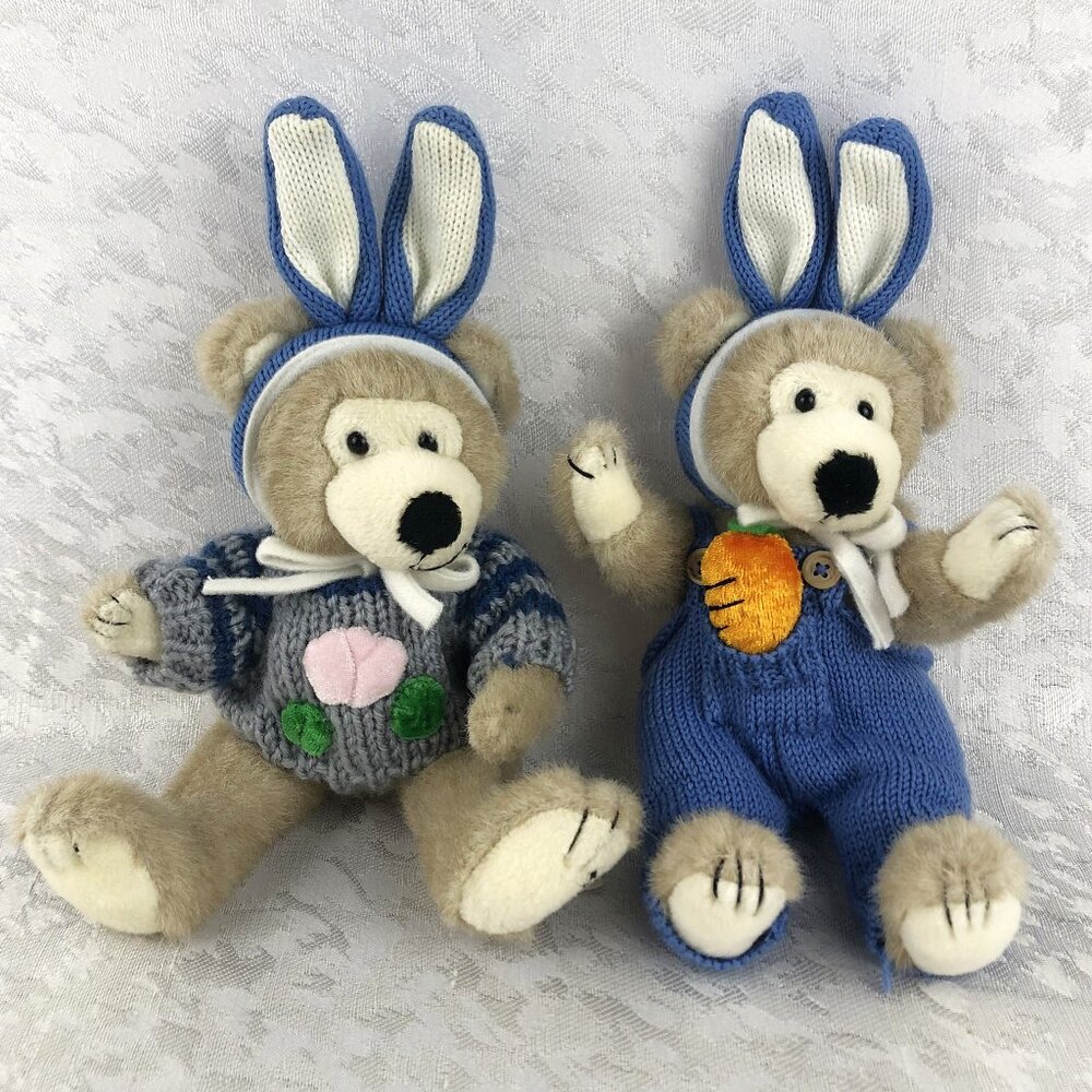Hugfun Vintage 2001 Teddy Bear Plush Pair in Easter Bunny Hat & Sweater/Overalls